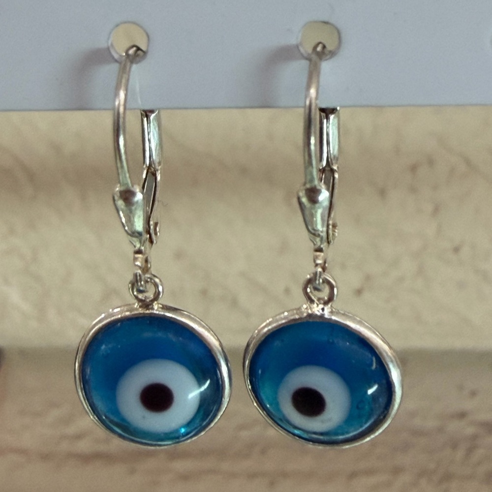 Blue Evil Eye Dangle Earrings - Sterling Silver